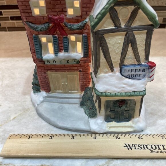 Christmas Village Hotel Barber Shopl Lighted Hand Painted House Porcelain Caldor - Picture 10 of 14